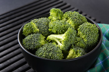 broccoli in a black bowl on a black background