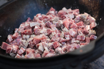 lunch in the day. appetizing, hearty, meat dish cooked on the fire