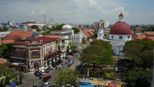 Drone shot of beautiful, partly restored, Dutch colonial district in Semarang city, Indonesia