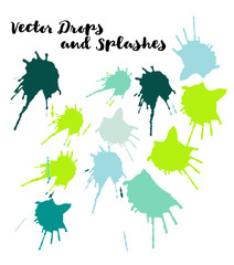 Green Vector Splashes, Hand Painted Watercolor Bang. Indian Holi Color Festival, Paint Burst, Water Splash. Green Vector Craft Logo Element, Holi Paint Burst. Uneven Texture Graffiti Shapes, Buttons.