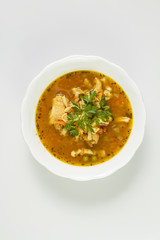 Traditional and very popular in east and south Europe soup from beef tripe with marjoram and parsley.
