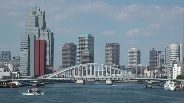 TAKESHIBA,  TOKYO,  JAPAN - CIRCA JUNE 2018 : Scenery of BUILDINGS and RIVER SUMIDA at CHUO WARD .  View from TAKESHIBA area.