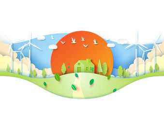 Green eco house with ecology and environment conservation concept.Paper art vector illustration.