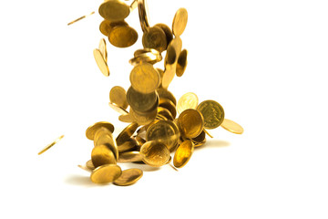 Falling gold coins money isolated on the white background, business money and finance concept.