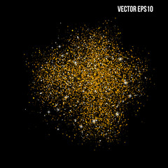 Gold sparkles on black background. Gold glitter background. Golden backdrop for vip and birthday cards. 