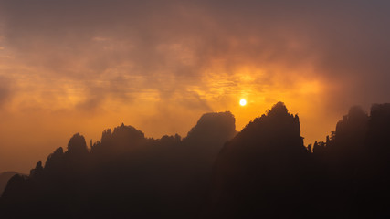 Yellow Mountain or Huangshan mountain Cloud Sea Scenery in Black and White tone, East China`s Anhui Province.