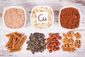 Healthy food containing copper, minerals and dietary fiber, healthy nutrition concept