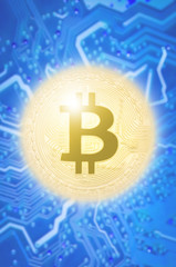 Golden bitcoin, Digital currency with blurred blue electronic circuit at background
