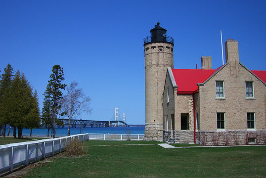 Mackinac Point Bridge and Lighthouse in Michigan