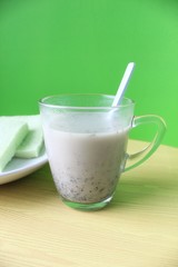 Sesame Milk, Cereal Mixed in Glass, Bread Breakfast Background