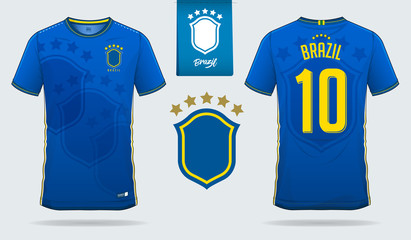 Fototapeta premium Soccer jersey or football kit template design for Brazil national football team. Front and back view soccer uniform. Football t shirt mock up. Vector Illustration