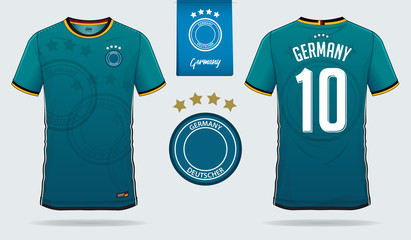 Soccer jersey or football kit template design for Germany national football team. Front and back view soccer uniform. Football t shirt mock up. Vector Illustration