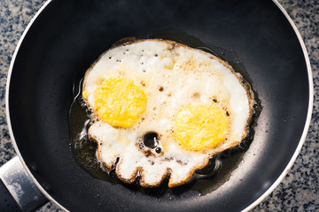 Egg in the skull shape frying in the pan with very hot oil, The concept is about side effects and dangers of old frying oil