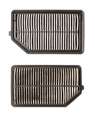 Front and back side of used vehicle air filter, It's dirty and have many dust isolated on white background with clipping path