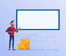 Delivery man with cardboard boxes near the van under big solid banner. Local delivery service and shipping banner concept. Door to door courier service vector illustration on the background.