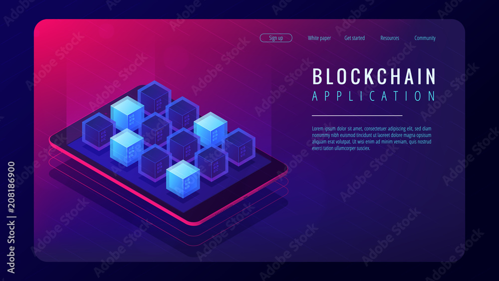 Poster isometric blockchain application landing page concept. blockchain technology as an application platf
