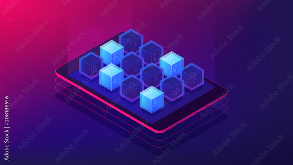 Aufkleber isometric blockchain application landing page concept. blockchain technology as application platform