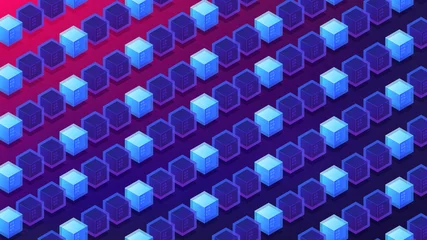 Tuinposter Isometric blockchain proof of stake concept. PoS, block transactions validation, cryptographic calculations, mining power illustration on ultra violet background. Vector 3d isometric illustration. © Visual Generation