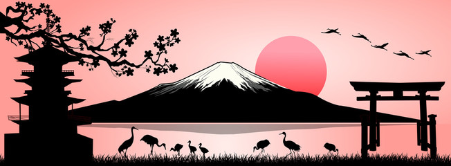 Mount Fuji, landscape. Silhouette Fuji mountain at sunset.                                                                                                                           