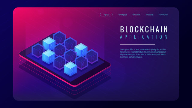 Isometric blockchain application landing page concept. Blockchain technology as an application platform, trust infrastructure illustration on ultra violet background. Vector 3d isometric illustration.