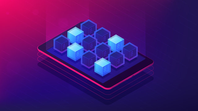 Isometric blockchain application landing page concept. Blockchain technology as application platform with scripting language illustration on ultra violet background. Vector 3d isometric illustration.