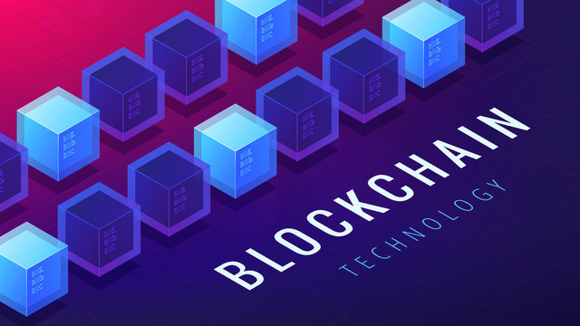 Isometric blockchain technology concept. Computer network, global cryptocurrency stock exchange and blockchain data transfer illustration on ultraviolet background. Vector 3d isometric illustration.