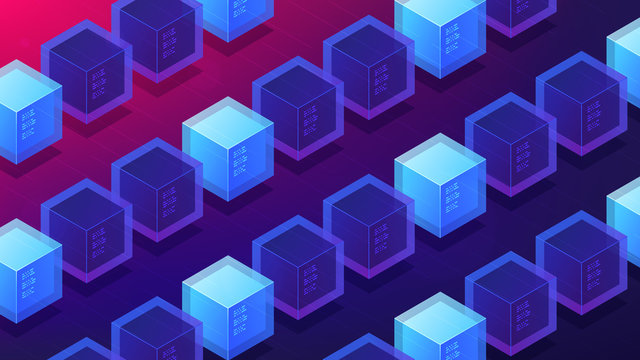 Isometric blockchain mining proof of work landing page concept. PoW system, cyber security protocol, blockchain algorithm illustration on ultra violet background. Vector 3d isometric illustration.