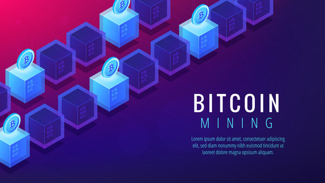 Isometric bitcoin mining farm landing page concept. GPU mining farm, cryptocurrency mining community. Blockchain server farm on ultra violet background. Vector 3d isometric illustration