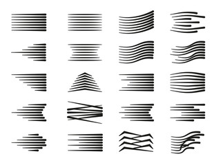 Collection of speed lines with various directions and shapes arranged on white background