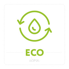 Green simple ecology icon with recycling arrows symbol and water drop inside on white background