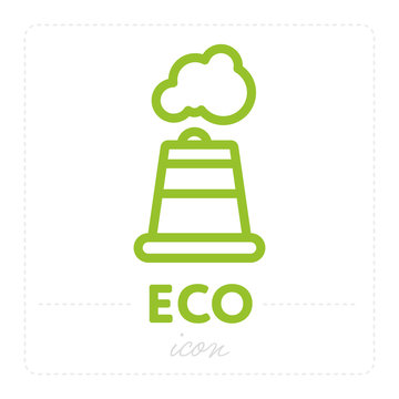 Minimalist element of ecology icon with smoke and manufacture chimney in green color on white