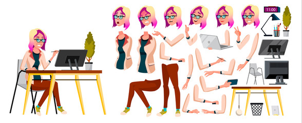 Office Worker Vector. Woman. Happy Clerk, Servant, Employee. Business Human. Face Emotions, Various Gestures. Animation Creation Set. Isolated Character Illustration