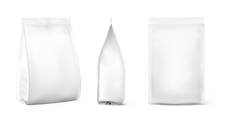 Realistic food bags isolated on white background. Front, isometric and side view. Vector illustration. Can be use for template your design, presentation, promo, ad. EPS 10.