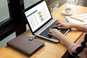 Business and finance concept, Businesswoman discussing sale analysis Chart in coffee shop