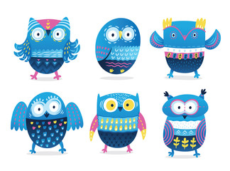Funny owls collection in cartoon style. Vector illustration