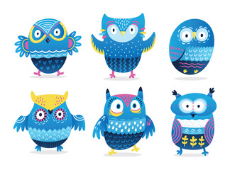 Owls. Cute birds vector character set isolated on white