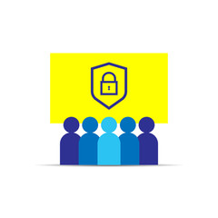 Privacy Data Protection and Internet VPN Security Concept with shield line icon. Group People. Business team work. Social network. Crowd sign. Leadership or community concept. Vector illustration.