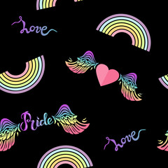 Seamless pattern with rainbow, wings and hearts