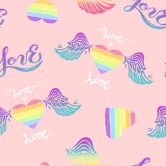 Naklejka na ściany i meble Seamless pattern with rainbow, wings, heart, hendwritten love.