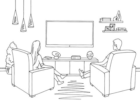 Living room graphic black white home interior. Woman and man sketch siting watching television illustration vector