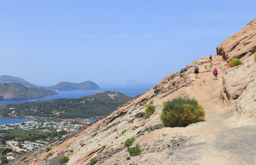 Panorama of port on Vulcano Island from slopes of volcano dominating island. Aeolian Islands in Tyrrhenian Sea, near Sicily. 