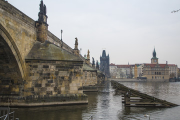 Fototapeta na wymiar View on Charles bridge and swans on Vltava river in Prague, Czech Republic