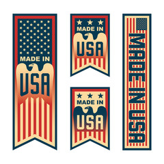 Made in USA (United States of America). Set of compositions with American flag for label, badge, banner, pin, etc.