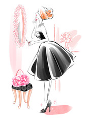 パウダールームの女性　黒のドレス