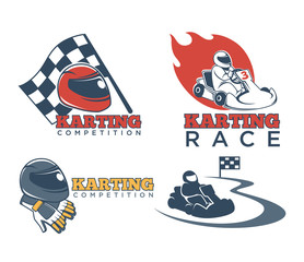 Karting races or kart club competition vector icons