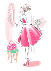 パウダールームの女性　ピンクのドレス