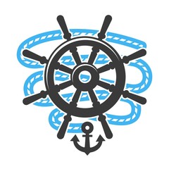 Obraz premium Marine anchor helm wheel and rope vector icon