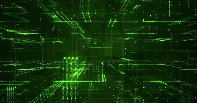 Digital binary code background loop - Fly through abstract 3D rendering of a scientific technology data binary code network conveying connectivity, complexity and data flood of modern digital age