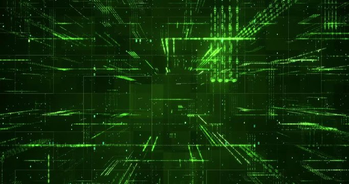 Digital binary code background loop - Fly through abstract 3D rendering of a scientific technology data binary code network conveying connectivity, complexity and data flood of modern digital age