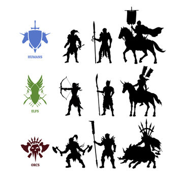 Black silhouettes games characters. Elfs, orcs and humans warrior. Fantasy knights. Icon of medieval units. Isolated drawing of fantastical warlords. Vector illustration